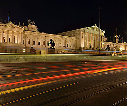 奥地利,维也纳,环路,国会大厦,建造,风格,新古典主义,夜晚,街道,灯,条纹
