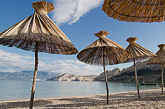 伞,海滩,克尔克岛,岛屿,亚德里亚海,海湾,克罗地亚,欧洲