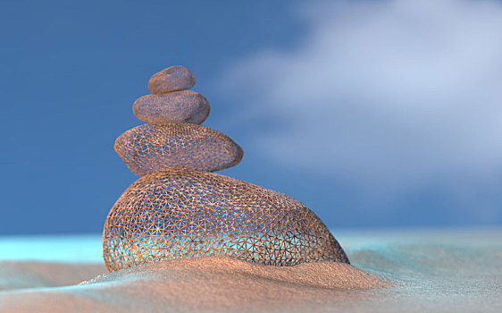 虚拟,想像,石头,平衡,海滩,日出,插画