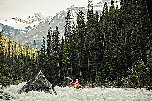 一个,男人,皮筏艇,连续,白浪,河,班芙国家公园,艾伯塔省,加拿大