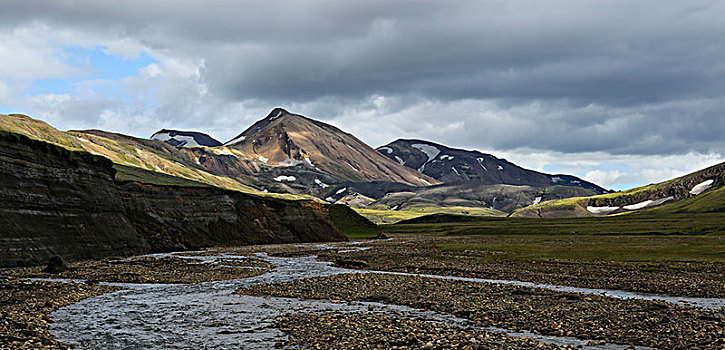 冰岛,高地,河,流纹岩,山,玩,彩色,亮光,影子