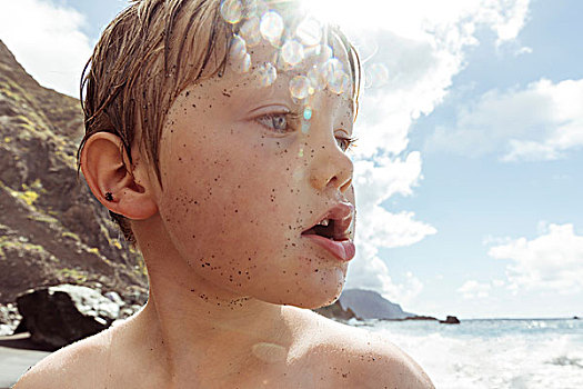 男孩,海滩,特写,圣克鲁斯-德特内里费,加纳利群岛,西班牙,欧洲