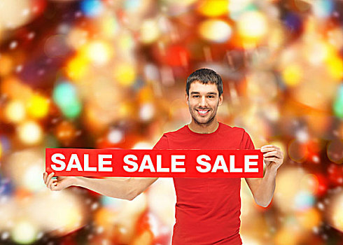 销售,购物,圣诞节,休假,人,概念,微笑,男人,红色,t恤,标识