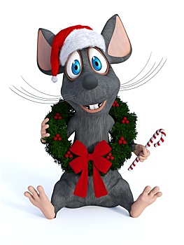 卡通,老鼠,戴着,圣诞花环,拿着,拐棍糖