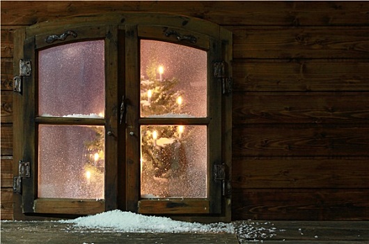 雪,小,旧式,窗玻璃