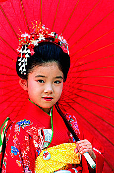 日本,女孩,红色,伞