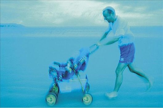 男人,父亲,婴儿车,海滩度假