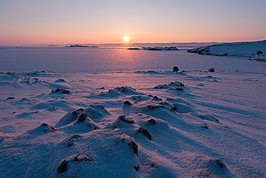 石头,雪,日出,贝加尔湖,伊尔库茨克,区域,西伯利亚,俄罗斯