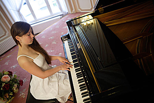 女人,白色,连衣裙,玩,钢琴