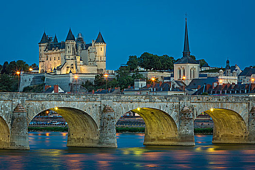 黎明,上方,城堡,索米尔,12世纪,河,卢瓦尔河,缅因与卢瓦省,中心,法国