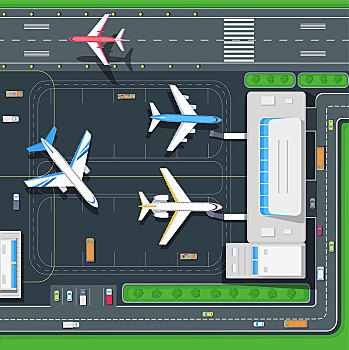 航站楼,飞机,矢量,插画,机场,俯视,现代,乘客,基础设施,大,飞机库,停机坪,建筑,停放,汽车