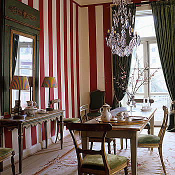 咖啡时间,餐厅,红色,白色,条纹,墙壁,绿色,帘,露台,门