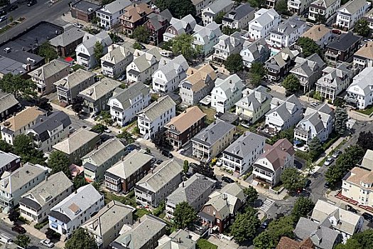 美国,马萨诸塞,波士顿,住宅区,排,独栋住宅,俯视图