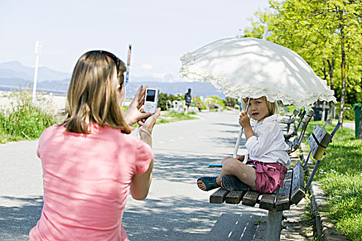 妈妈,摄影,女儿,伞