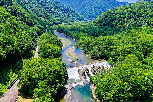 瀑布,乡村,北海道,日本,航拍