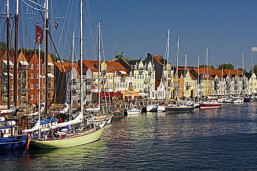 丹麦,日德兰半岛,帆船,港口,房子,彩色