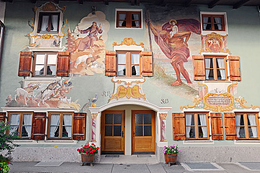 建筑,餐馆,传统,壁画,米滕瓦尔德,陆地,上巴伐利亚,巴伐利亚,德国,欧洲
