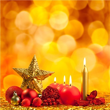 圣诞节,金色,星,红色,蜡烛