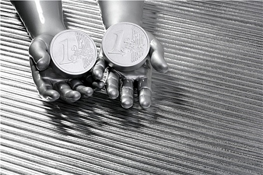 两个,银,欧元硬币,未来,机器人