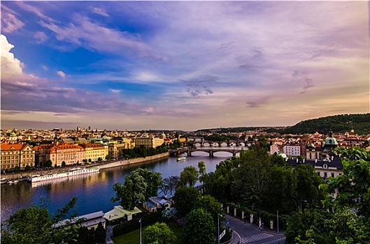 伏尔塔瓦河,桥,布拉格,日落
