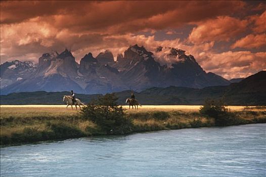 人,骑马,托雷德裴恩国家公园,巴塔哥尼亚,智利