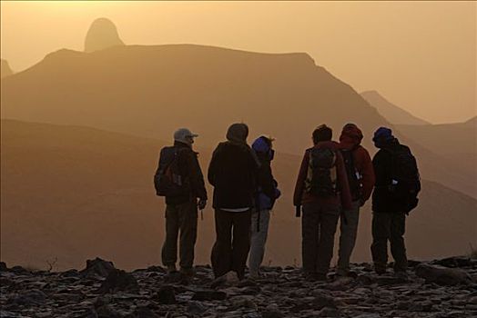 攀登者,顶峰,攀升,日落,阿哈加尔,山峦,阿尔及利亚,撒哈拉沙漠,北非,非洲
