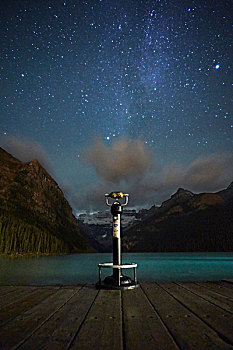 注视,双筒望远镜,星空,旁侧,路易斯湖,艾伯塔省,加拿大