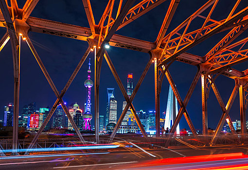 桥,浦东,天际线,夜晚,上海,中国