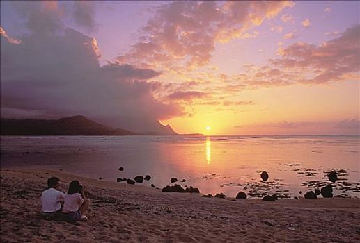 夏威夷,考艾岛,湾,伴侣,海滩,看,日落