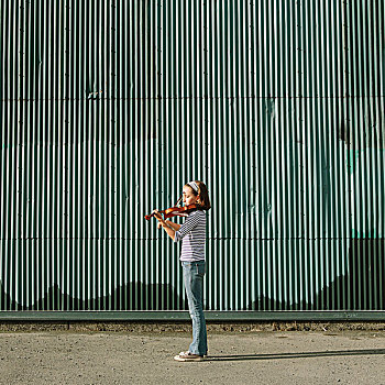 女孩,演奏,小提琴,城市街道