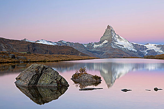 第一,晨光,湖,远眺,山,马塔角,反射,策马特峰,瓦莱,瑞士,欧洲