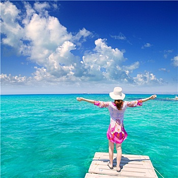 沙滩帽,女人,后视图,福门特拉岛,海滩,伊比萨岛,背景