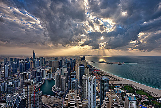 城市,迪拜,阿联酋,阴天,摩天大楼,海岸线,波斯湾