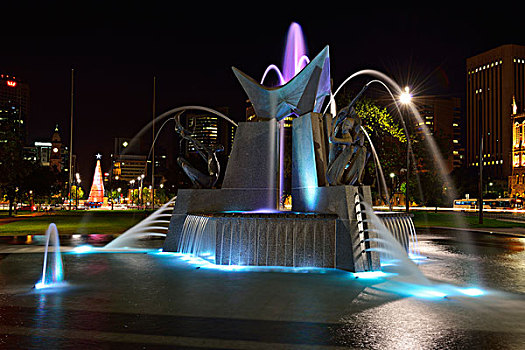 三个,河,喷泉,维多利亚,广场,光亮,夜晚,阿德莱德,南澳大利亚州,澳大利亚