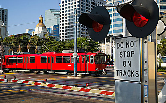 市区,场景,铁道口,红色,有轨电车,标识
