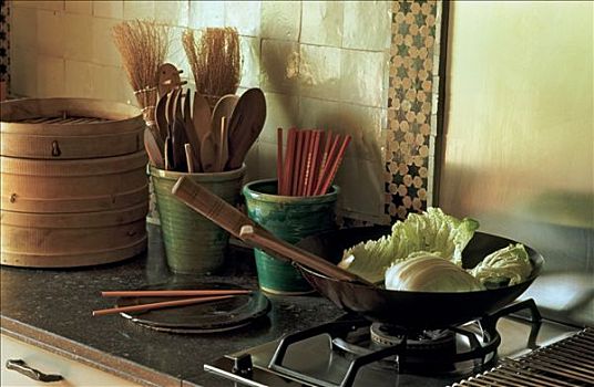 厨房,白菜,锅,筷子,木质,厨具,路,墙壁