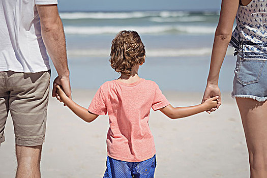 后视图,男孩,握手,父母,站立,海滩