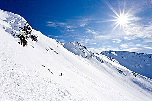 越野,滑雪者,上升,山,高处,杜尔诺茨,山谷,看,意大利,欧洲