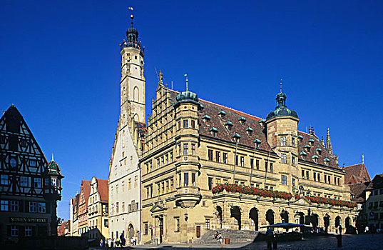 马尔克特广场,文艺复兴,市政厅,罗腾堡,弗兰克尼亚,巴伐利亚,德国,欧洲