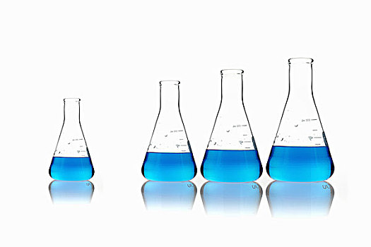 锥形,玻璃,科学,长颈瓶,拿着,蓝色,液体,排列,尺寸,一个