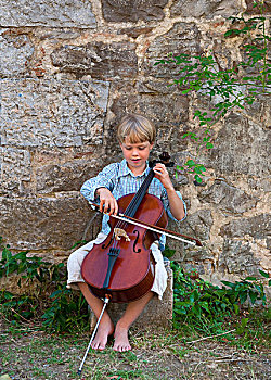 男孩,演奏,大提琴,户外