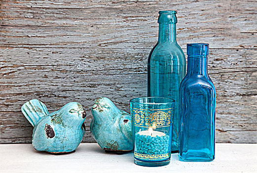 静物,青绿色,瓶子,蜡烛,鸟