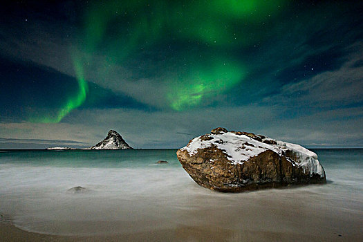 北极光,上方,角嘴海雀,岛屿,诺尔兰郡,挪威