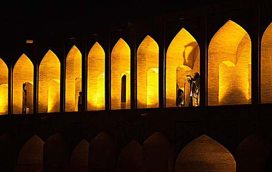 桥,拱,光亮,夜晚,伊斯法罕,伊朗,亚洲