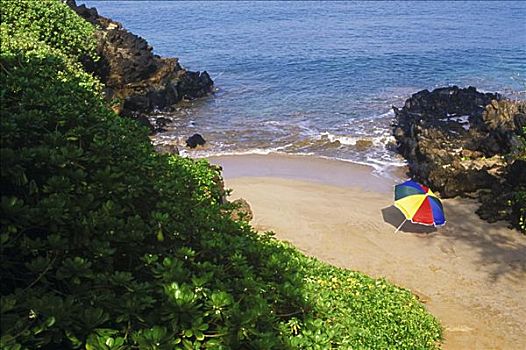 俯拍,海滩伞,海滩,夏威夷,美国