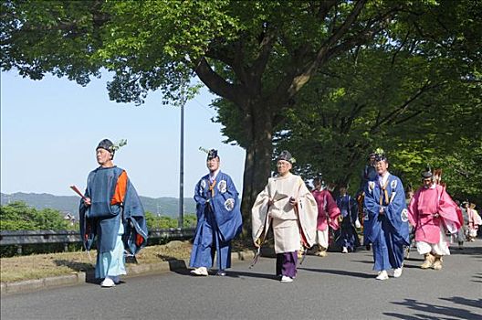 节日,队列,神祠,日本神道,牧师,骑乘,穿,传统服装,时期,京都,日本,亚洲