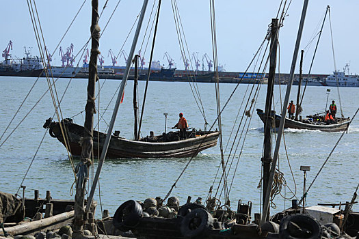 山东省日照市,初冬时节的渔码头阳光普照,渔民驾船出海归来成美丽风景线