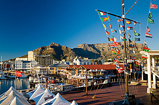 彩色,旗帜,船,露天咖啡,桌山,维多利亚,阿尔佛雷德,水岸,开普敦,西海角,南非,非洲