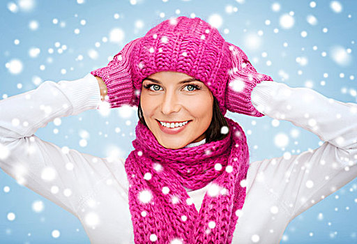 冬天,人,高兴,概念,女人,帽子,围巾,连指手套