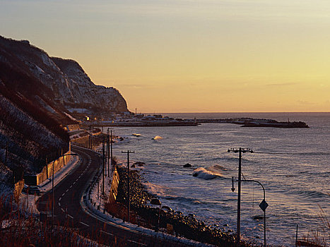 道路,海洋,黄昏,海岸